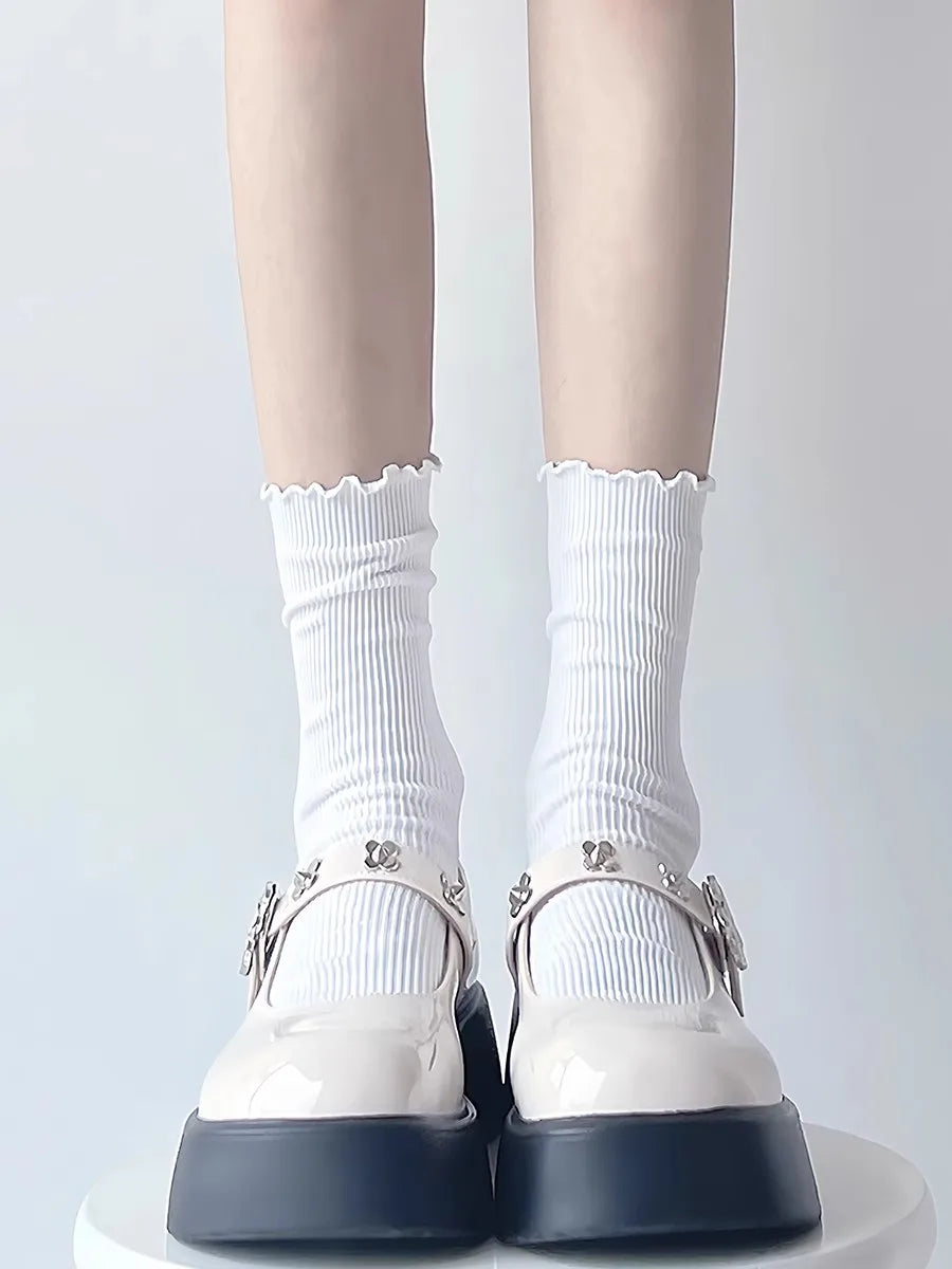Fashion New Ruffle Socks for Women Mid Crew Middles Tube Ankle High Breathable Cotton Socks Black White Beige Female Cute Sock