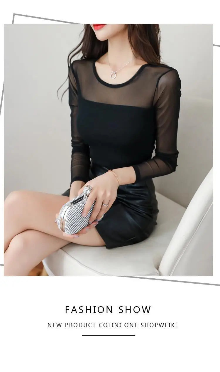 Mesh Bottoming Shirt for Women Long-sleeved T-shirt Autumn Winter New Korean Style Round Neck Slim Shirt with Tight Top Inside
