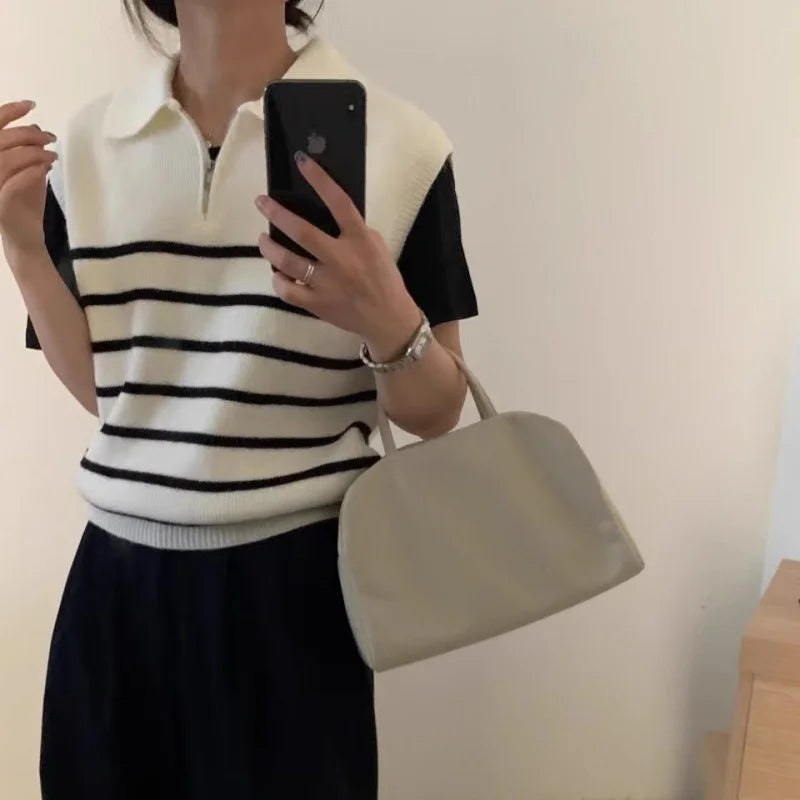 Retro lapel zipper stripe knitted waistcoat women Autumn Winter Korean fashion sleeveless sweaters casual simple pullover vest