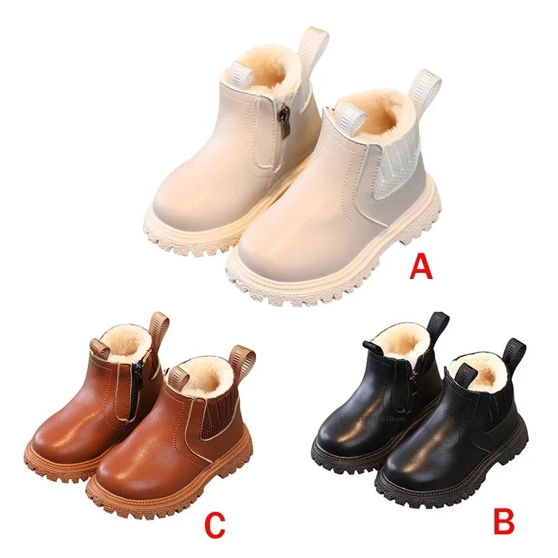 Autumn Winter Kid Boys Girls Casual Ankle Boots Comfortable Simple Side Zipper Leather Boots Velvet Warm Non-Slip Boots