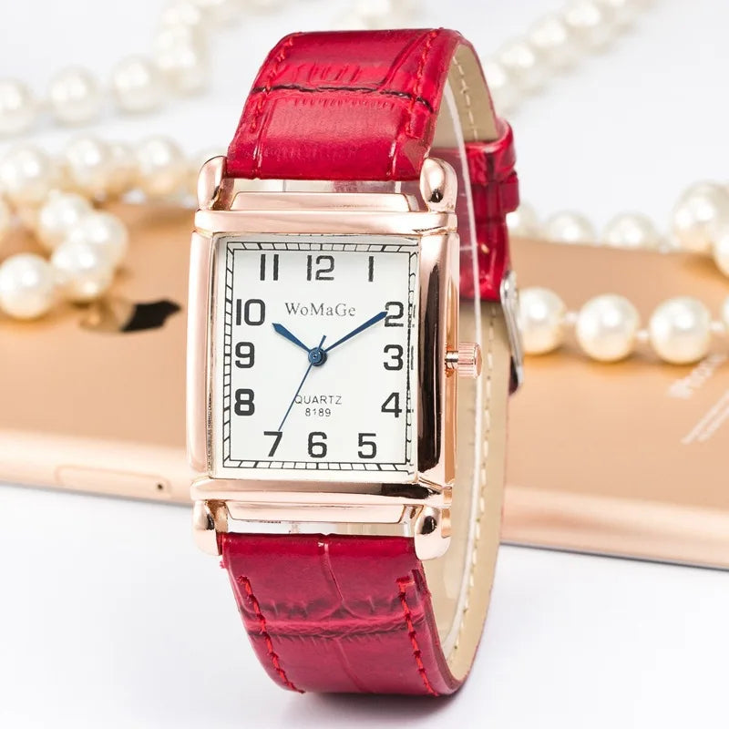 Fashion Women Watches Luxury Metal Rose Gold Square Ladies Quartz Wristwatch Rectangle Red Leather Female Clock