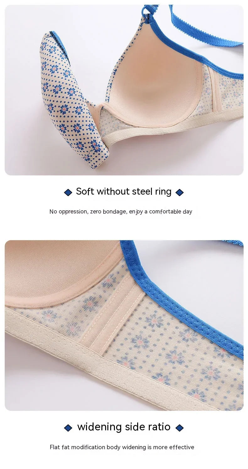 Ladies Mum Printed Bra Thin Section Mom Underwear Women Comfortable Bras Without Steel Ring Back Three Rows Of Buckle Brassiere