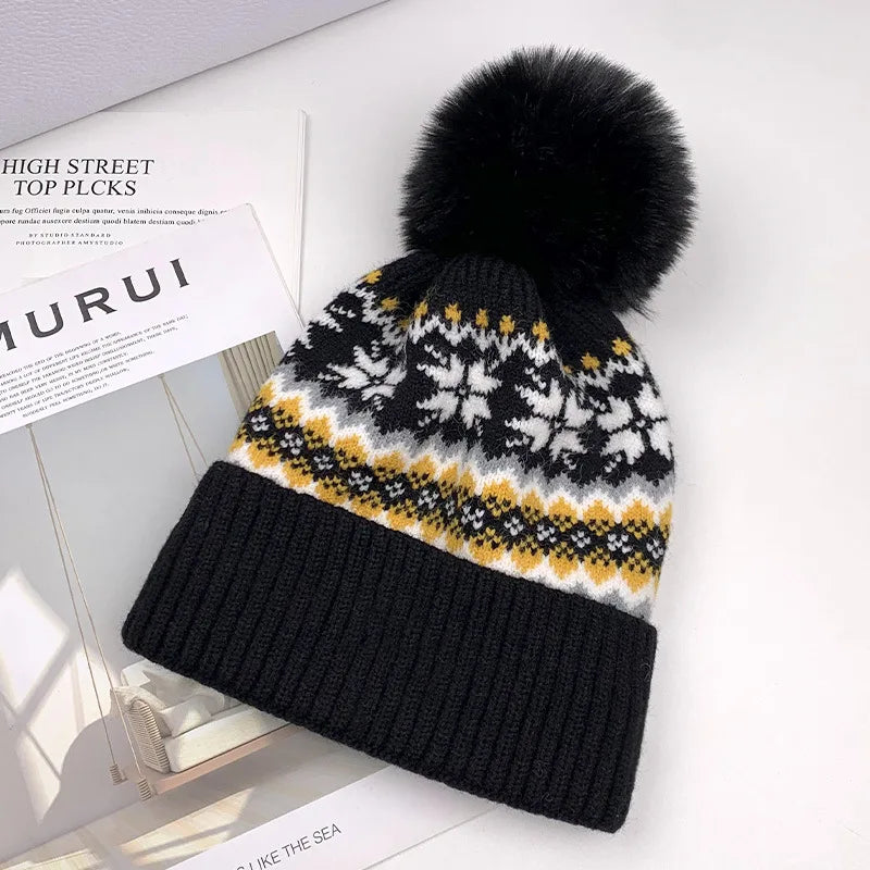 Hot Hairball Winter Cashmere Warm Windproof Woolen Hat Fashion Christmas Snowflake Warm Knit Hat Wool Thickened Cold Hat