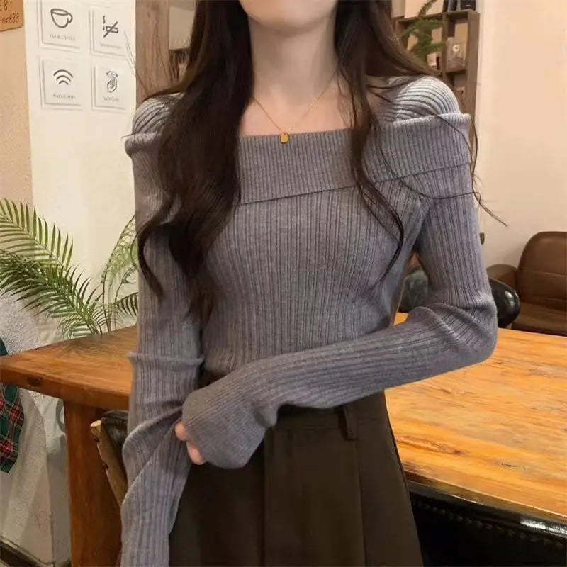 Solid Sexy Slim Off Shoulder Slash Neck Long Sleeve Knitting Sweater  Women Jumpers Office Fashion New