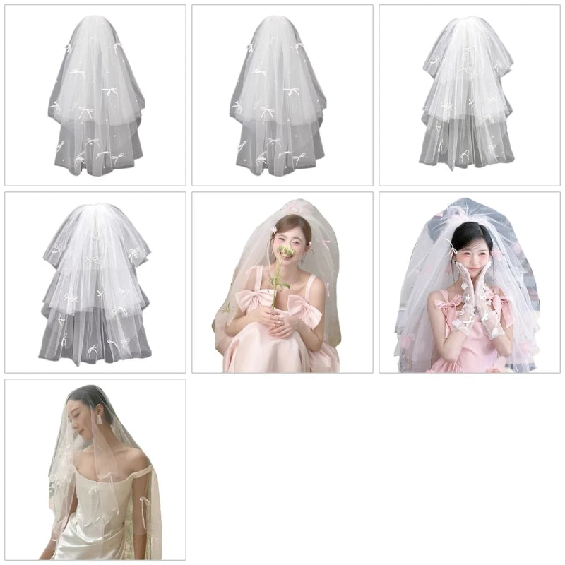 Bride Veil Studded Bowknot Beaded Head Covering Wedding Hair Covering White Wedding Veil Headscarf Short Veil DropShip