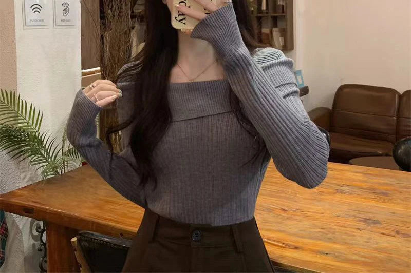Solid Sexy Slim Off Shoulder Slash Neck Long Sleeve Knitting Sweater  Women Jumpers Office Fashion New