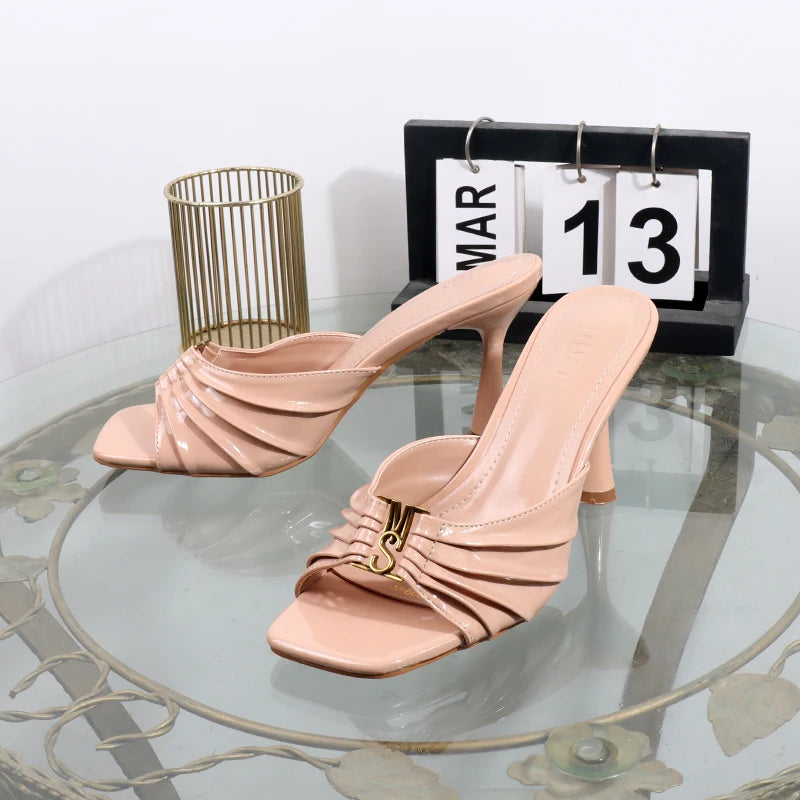 High heels 2025 summer new pleated slippers square toes metal fashion open toe sexy luxurious banquet sandals Heel height 9CM