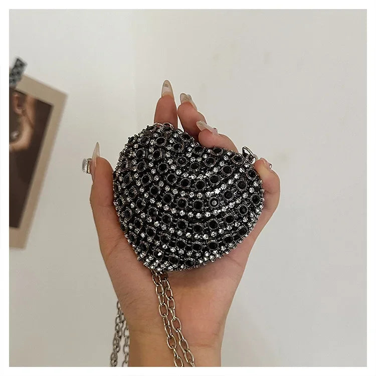 Luxury Mini Diamond Inlay Heart Shape Crystal Clutch Purse Stones Evening Wedding Party Shoulder Bag Handle Rhinestone Handbags