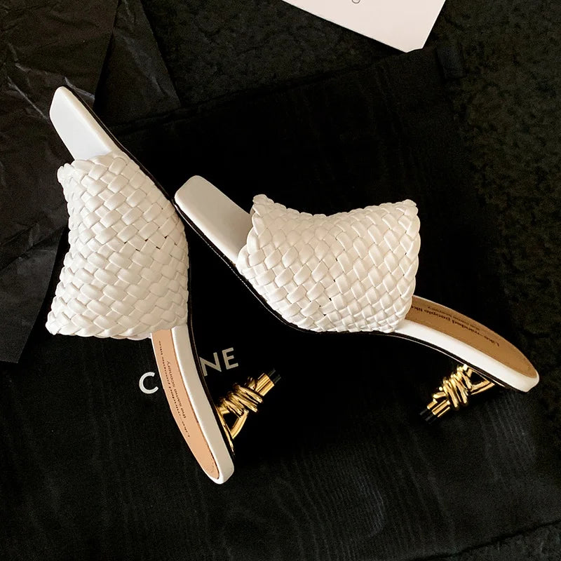 Summer Sandals Women Concise Style Slippers Weave Sandals for Girls Sexy Kitten Heel Elegant Dress Party Wedding  Sandalias