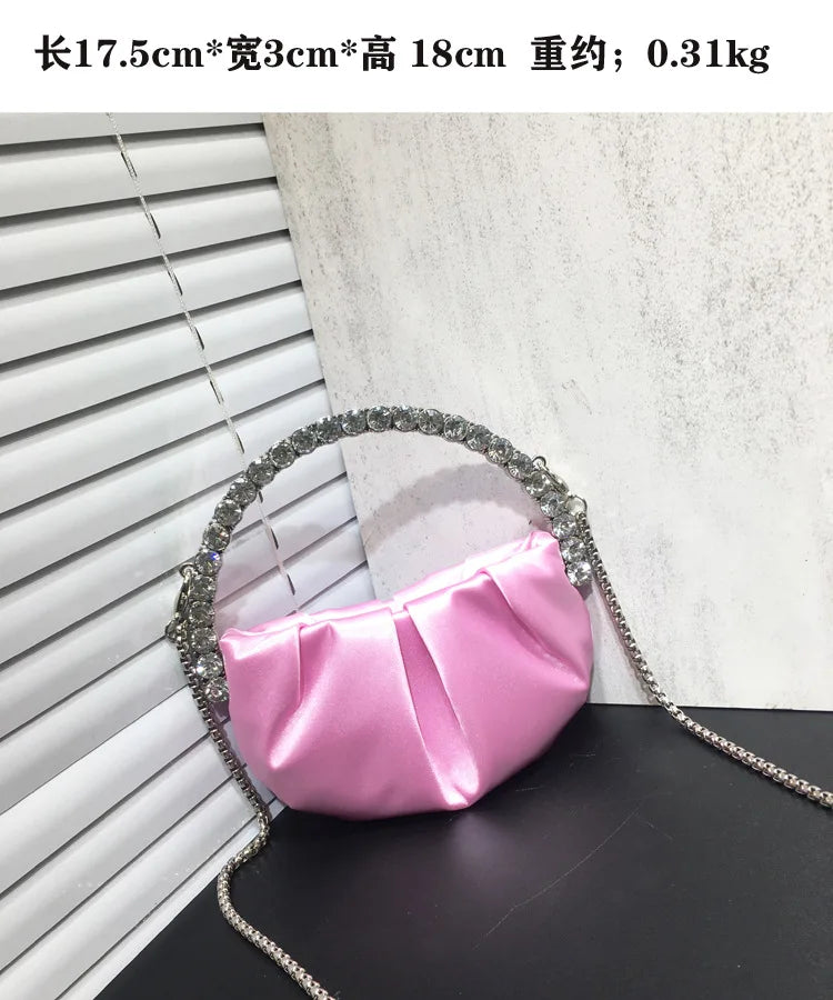 Lady Blue/Pink Diamond Circular Evening Bag Women Fushia Round Handle Rhinestone Dinner Clutch Purse Ladies Half Moon Handbags