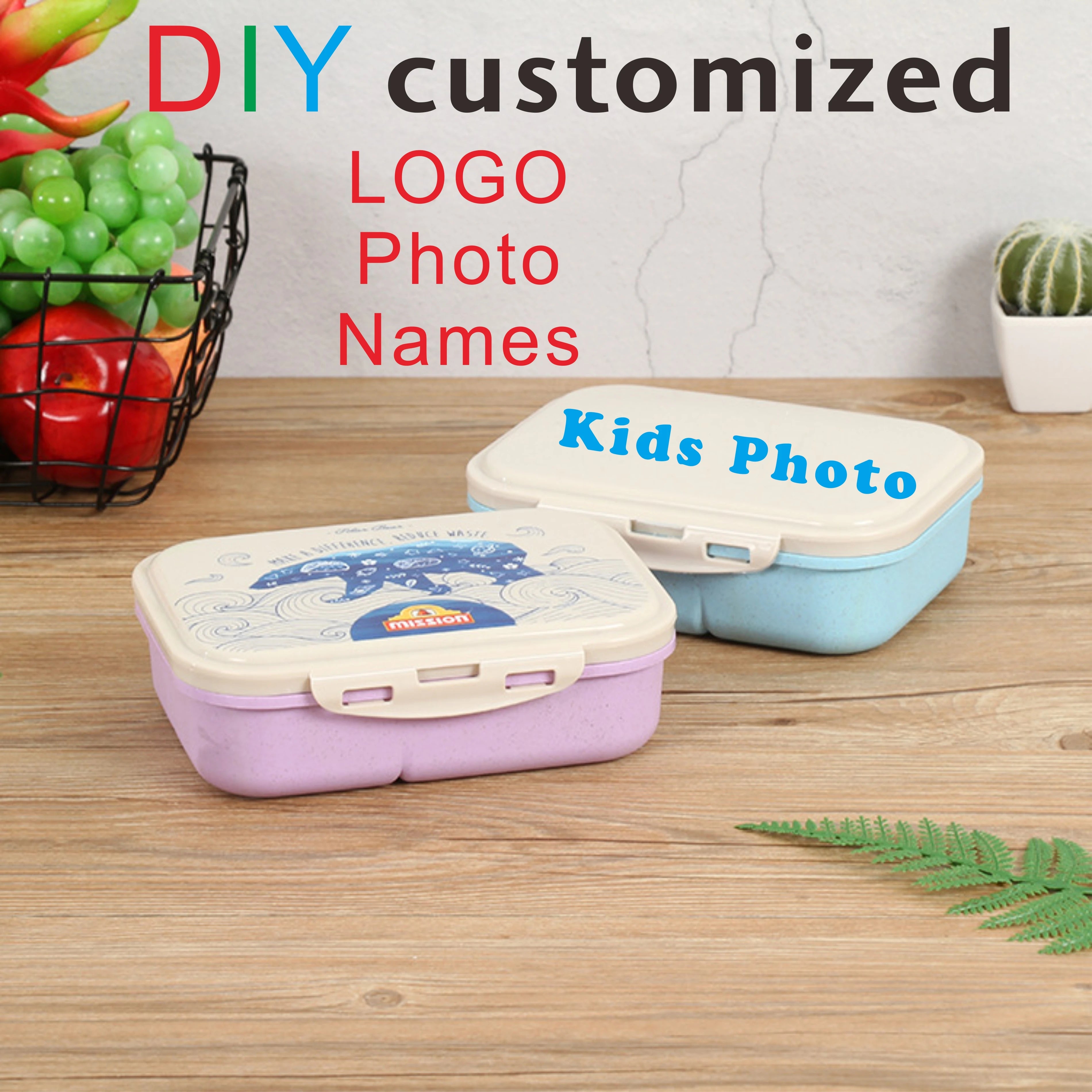 DIY Customized Lunch Box for Kids School Children Name LOGO Cartoon Pattern Cute Picture Photo with Spoon Fork Eco Material Gift