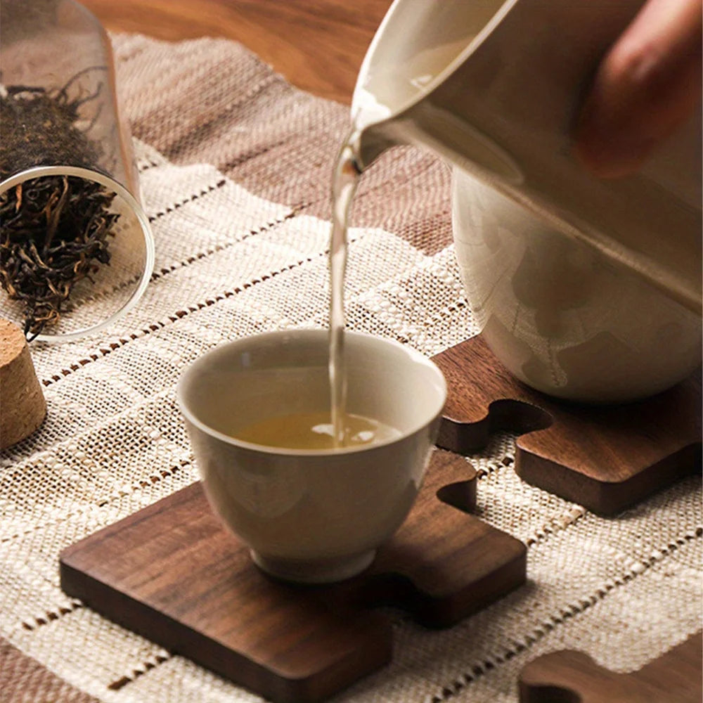 1pc Puzzle Shaped Mat - Protects Tabletops and Enhances Home Decor with Natural Wood Coaster for Drinks, Beverages, and Coffee