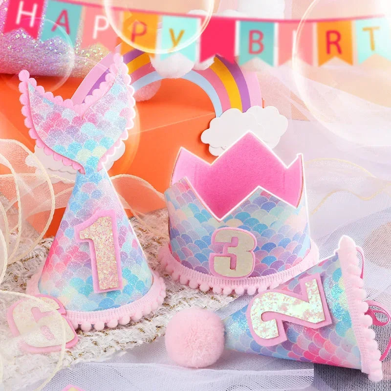 Felt Rainbow Theme Birthday Party Crown Mermaid Happy Birthday DIY Decor Kids Baby Shower Party Number 1-9th Hat Unicorn Navidad