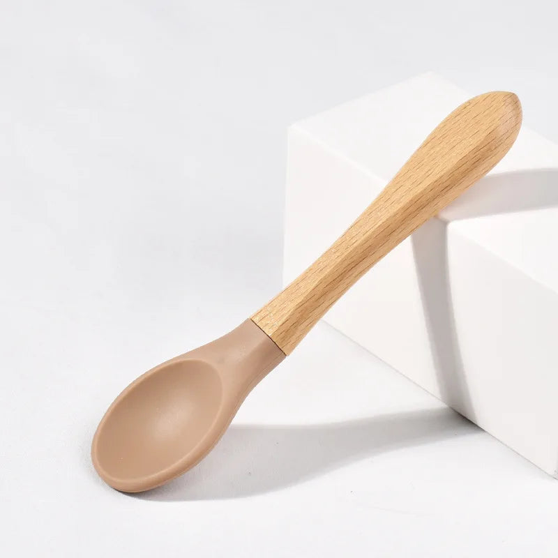 Spoons Baby Feeding Spoon Fork Wooden Handle Spoon Fork Set Soft Silicone Tip Spoon Fork BPA Free Food Grade Infant Toddlers