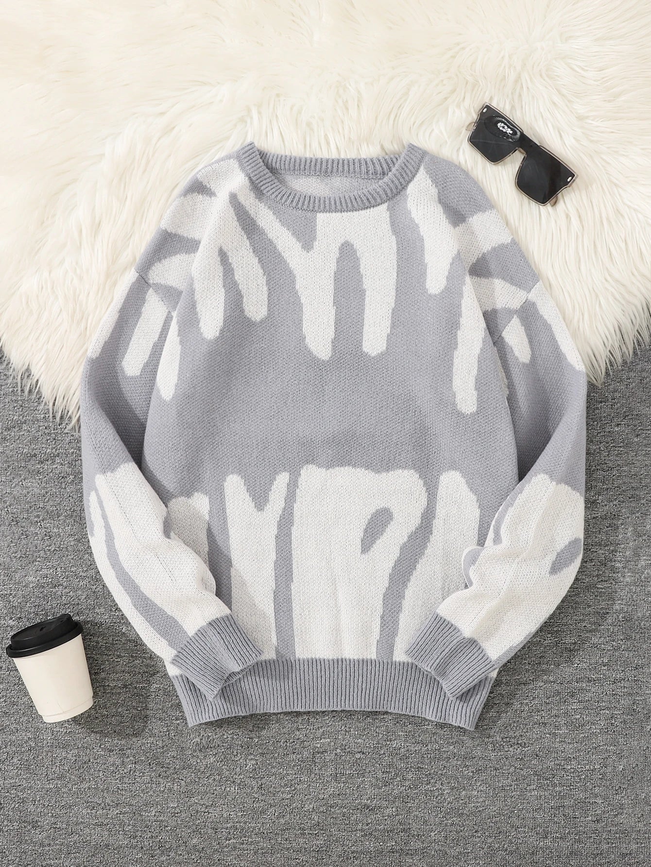 New Popular Autumn Winter Irregular Jacquard Pattern Pullover Sweater Casual Round Neck Contrast Color Knitted Men's Pullover