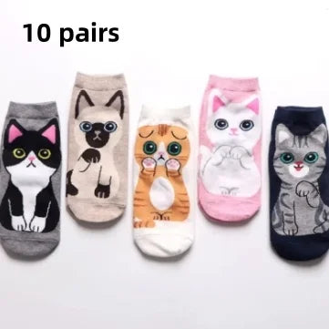 5/10 Pairs/Set Women's Cartoon Cute Cat Ankle Socks Breathable Perfect for Everyday Fashion