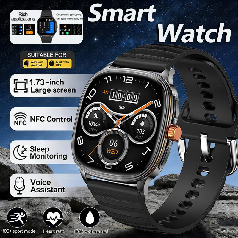 New Smart Watch 1.73" HD Screen NFC Voice Assistant Music Weather Sports Heart Rate High-precision Sensor Waterproof Smart Watch