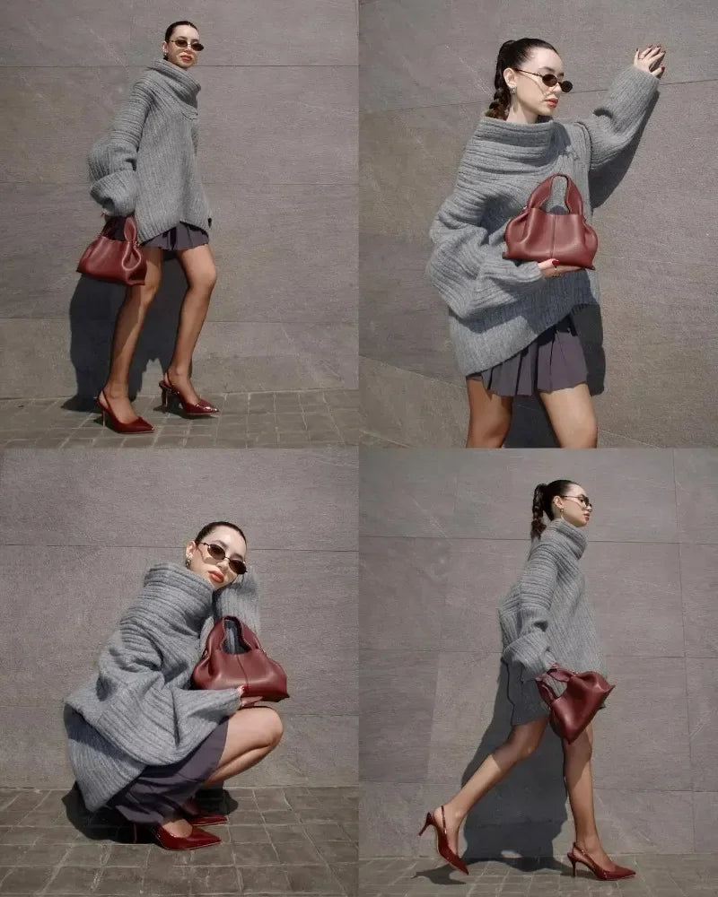 Tuularose Women's Off-Shoulder Sweater Fashion Loose Casual Brown Retro Pullover Spring High Street Office Lady Tops Knitwear