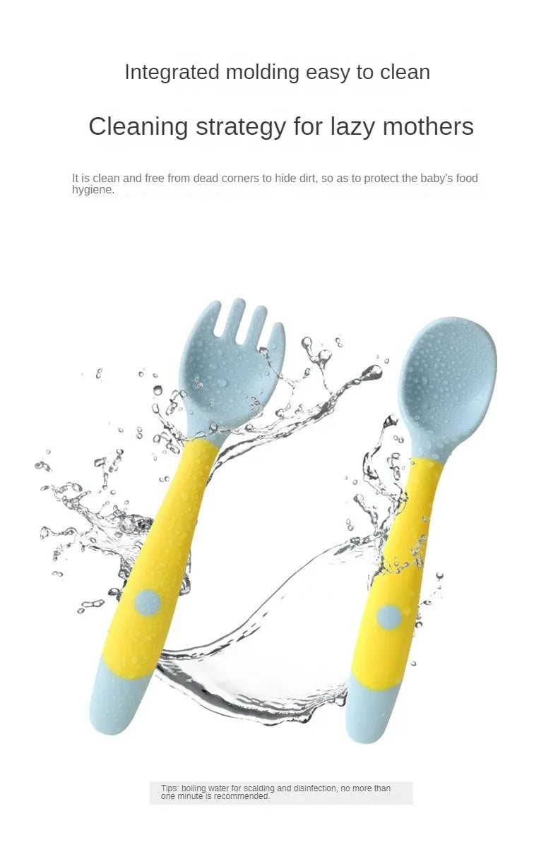 Baby Children Spoon Fork Set Soft Bendable Silicone Scoop Fork Kit Tableware Toddler Training Feeding Cutlery Utensils Tableware